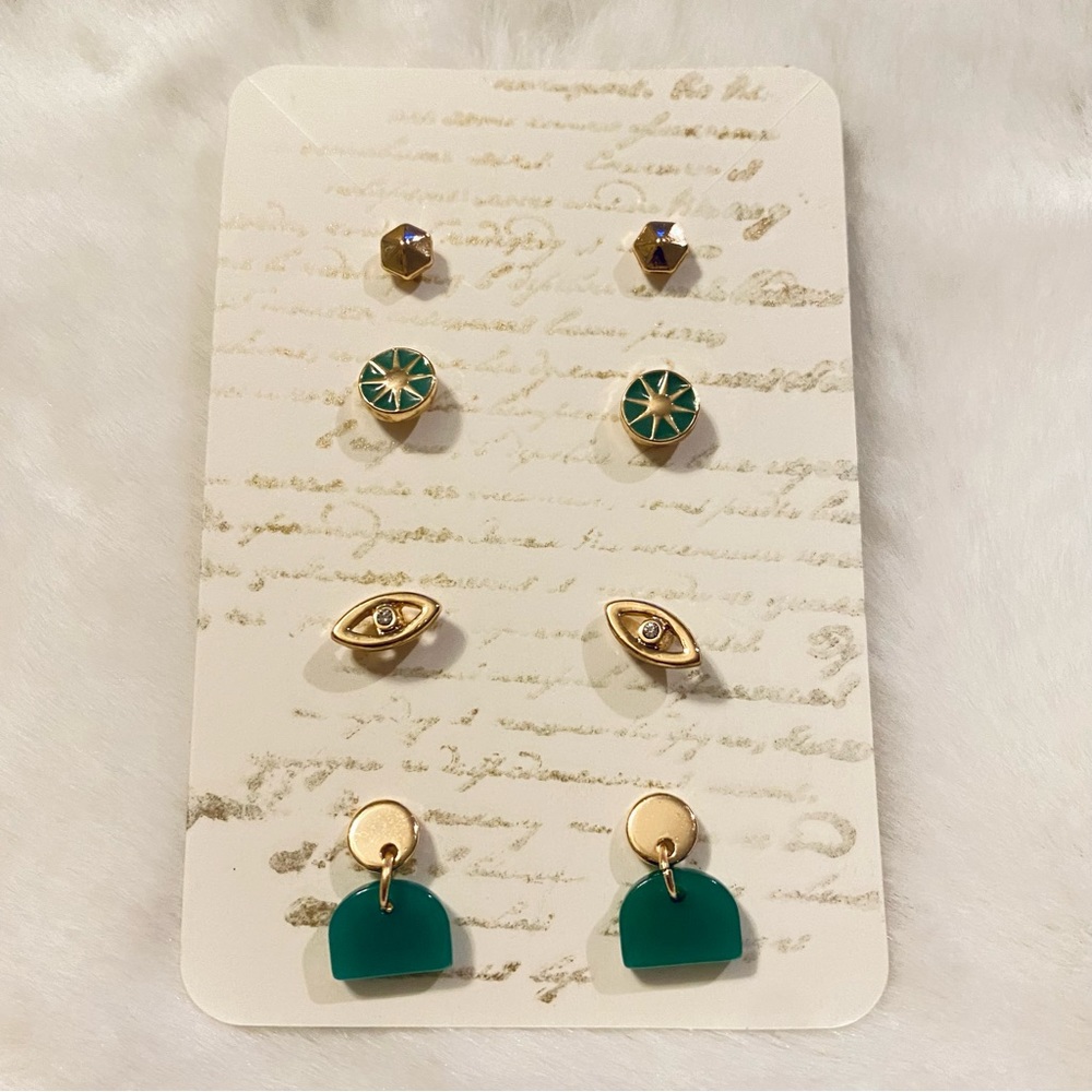 Earring Stud Set Curated Evil Eye & Jade Green Inspired Earring Gold Tone New